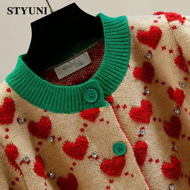 Heart Argyle Diamonds O-Neck High Street Kawaii Knitted Women\'s Sweaters Long Sleeve Buttons Short Jumpers Female Cardigans