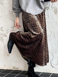 Leopard Skirt Women Autumn Winter Velvet Skirt Korean Style Vintage Pleated High Waisted A-Line Long Skirts Midi falda plisada