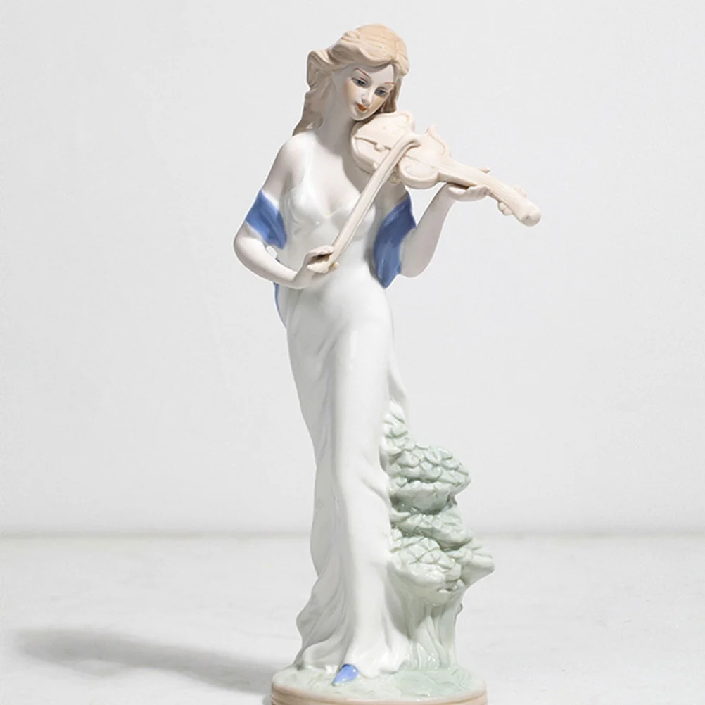 

White Ceramic Desktop Ornament European Style Figure Statue Playing Violin Table Decoration Home Adornment Office Display