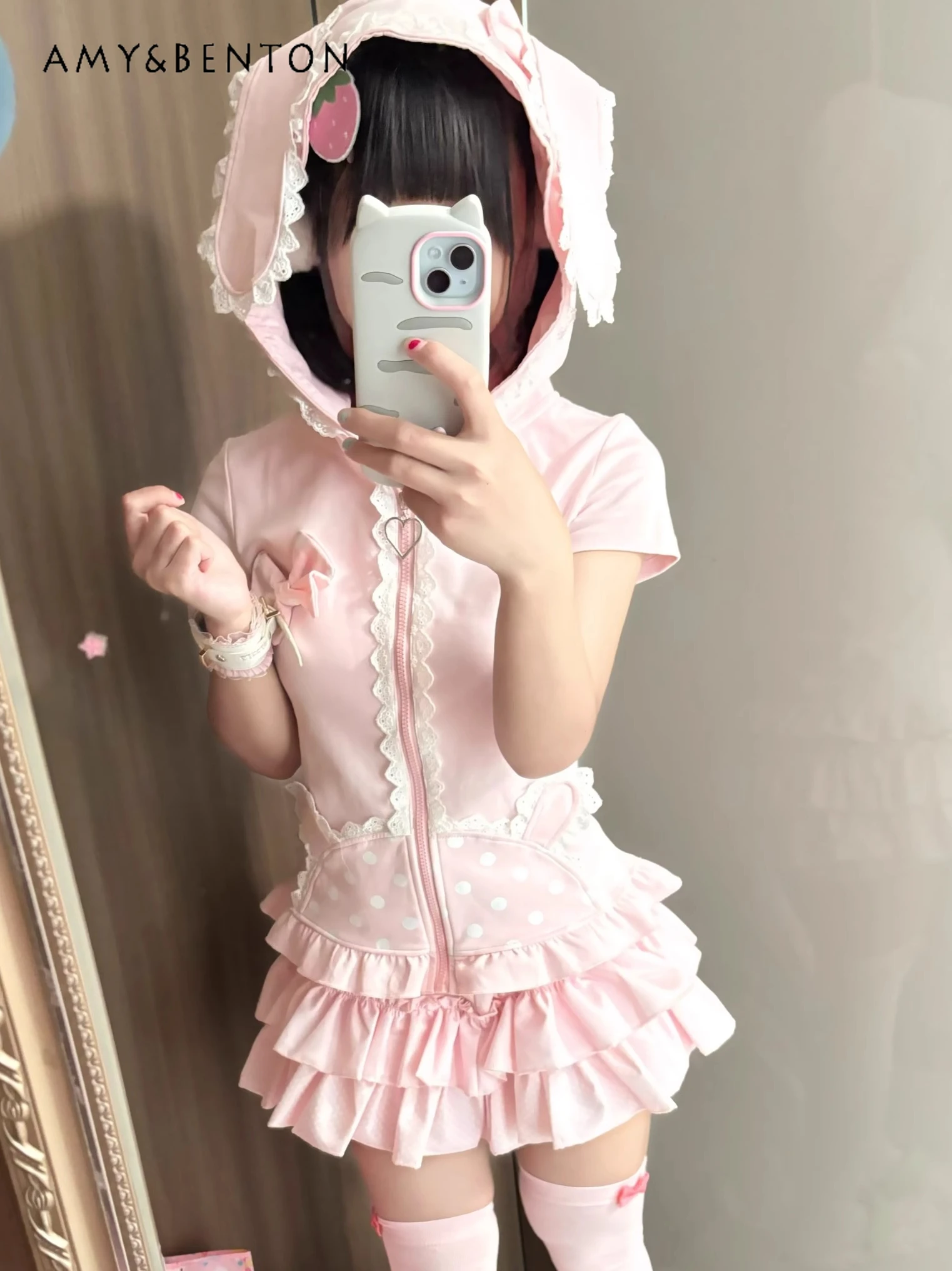 

Kawaii Rabbit Ears Hooded Short Sleeve Slim Coat Multi-layer Cake Skirt Two-piece Sets Women Summer Sweet Girly Casual Pink Sets