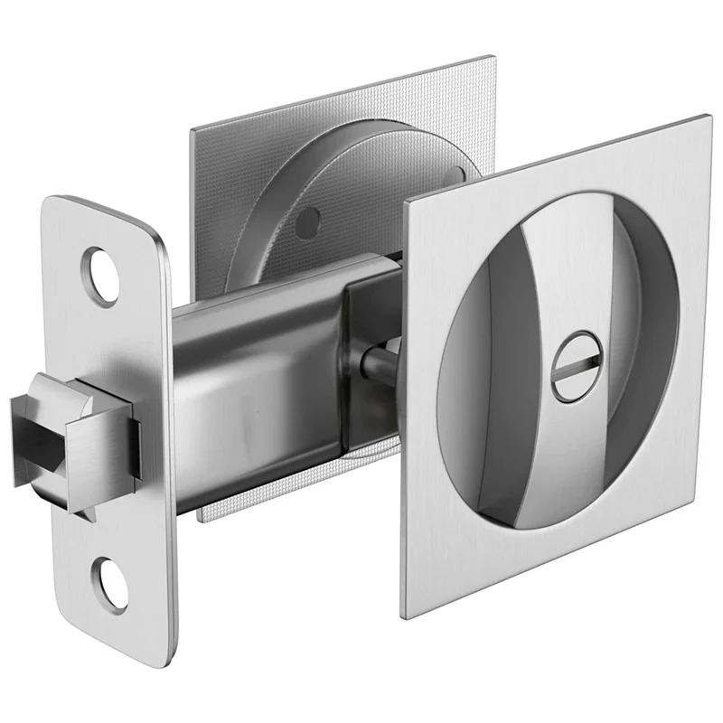 Bed/Bath Pocket Door Lock, Satin Nickel Contemporary Privacy Square Pocket Door Hardware, Sliding Pocket Door Latch