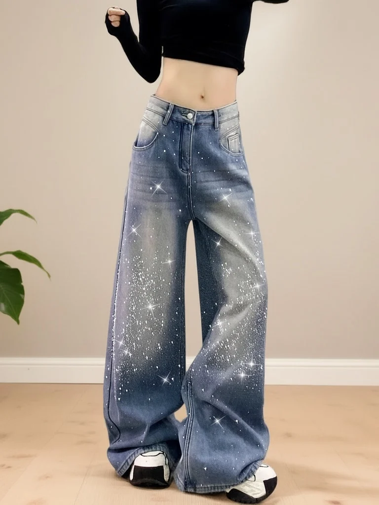 

Женские джинсы с высокой талией, украшенные стразами, прямые широкие штанины, блестящие, стройнящие, модные, весенние, повседневные, деним