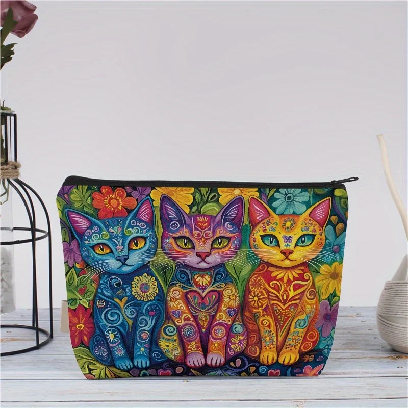 Bohemian Cat Print Canvas Makeup Bag-Lightweight, Foldable, and Fade-resistant Makeup Pouch,Suitable for Travel and Daily Use