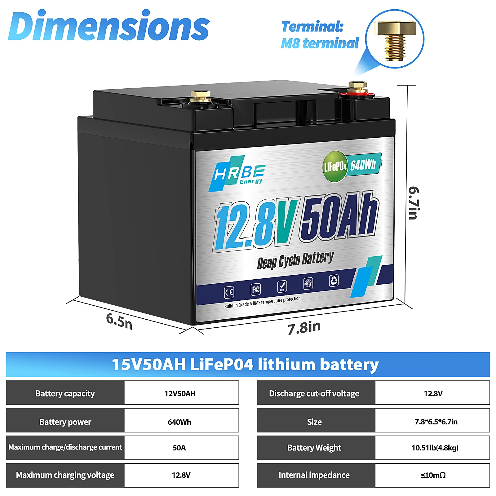 HRBEEnergy 12V 50AH LiFePO4 Lithium Battery Pack 50A BMS 4000+Cycle For Home Energy, RV, Trolling Motor, Marine, Solar, Off-Grid