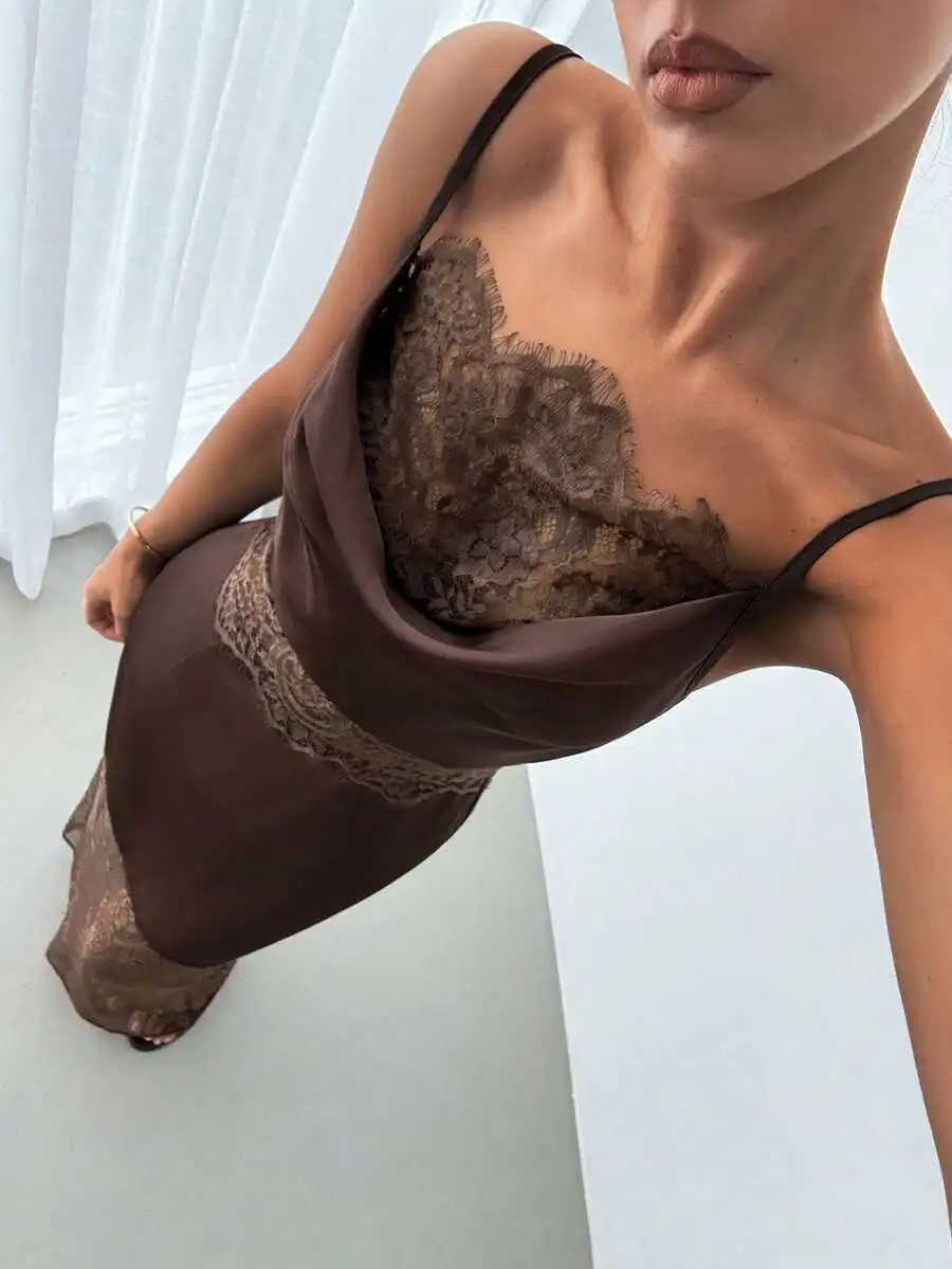 

Coffee Brown Satin Lace Insert Cowl Neck Spaghetti Strap Maxi Dress For Women