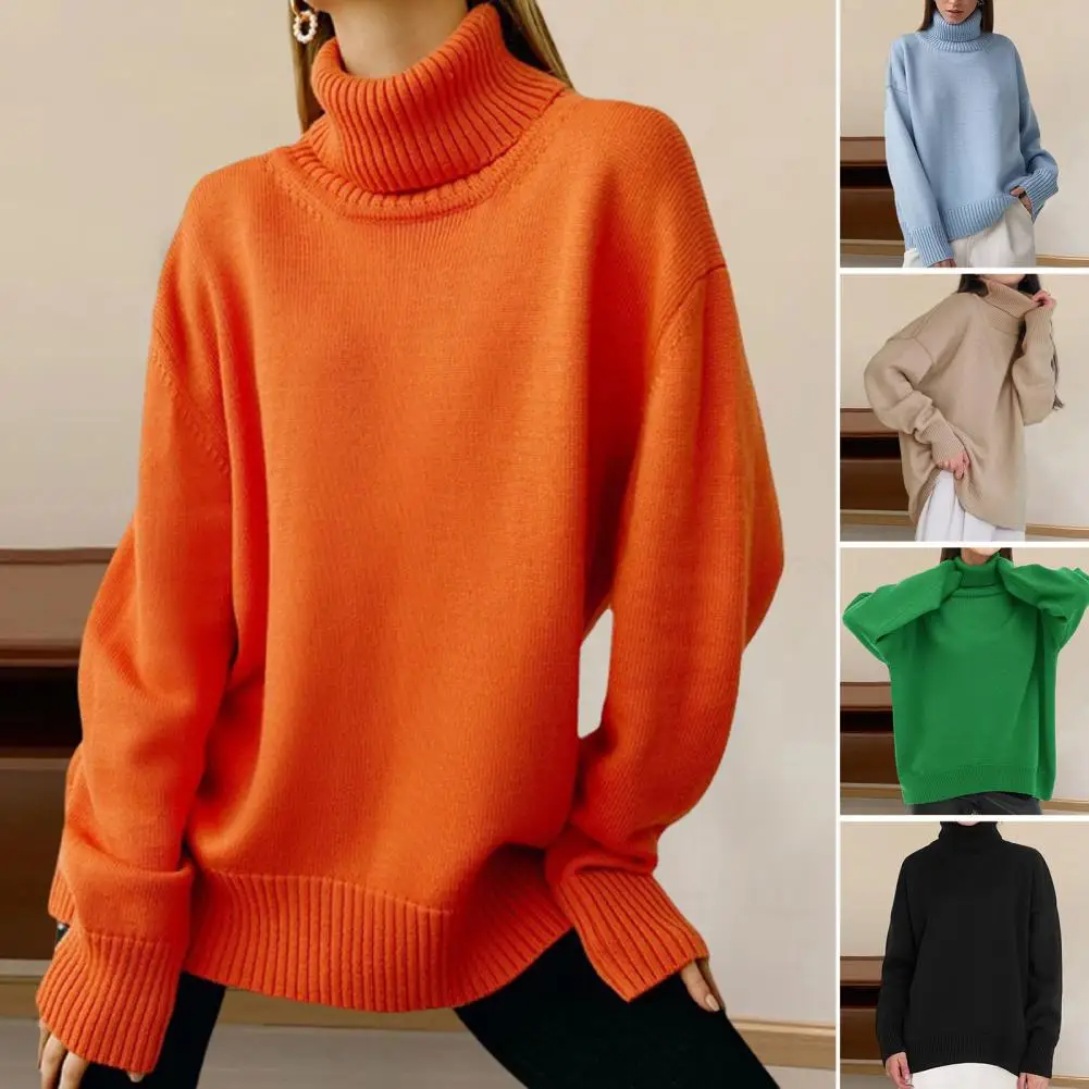 Women Winter Sweater Elegant High Collar Women's Sweater with Ribbed Trim Loose Fit Pullover Top in Solid Color for Stylish