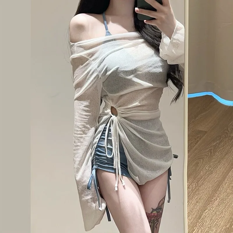 2026 Summer American Sexy Tie Dye Blue Women's 3 Piece Sports Bikini Set with Cover Up Flat Angle Swimsuit Beach Vacation