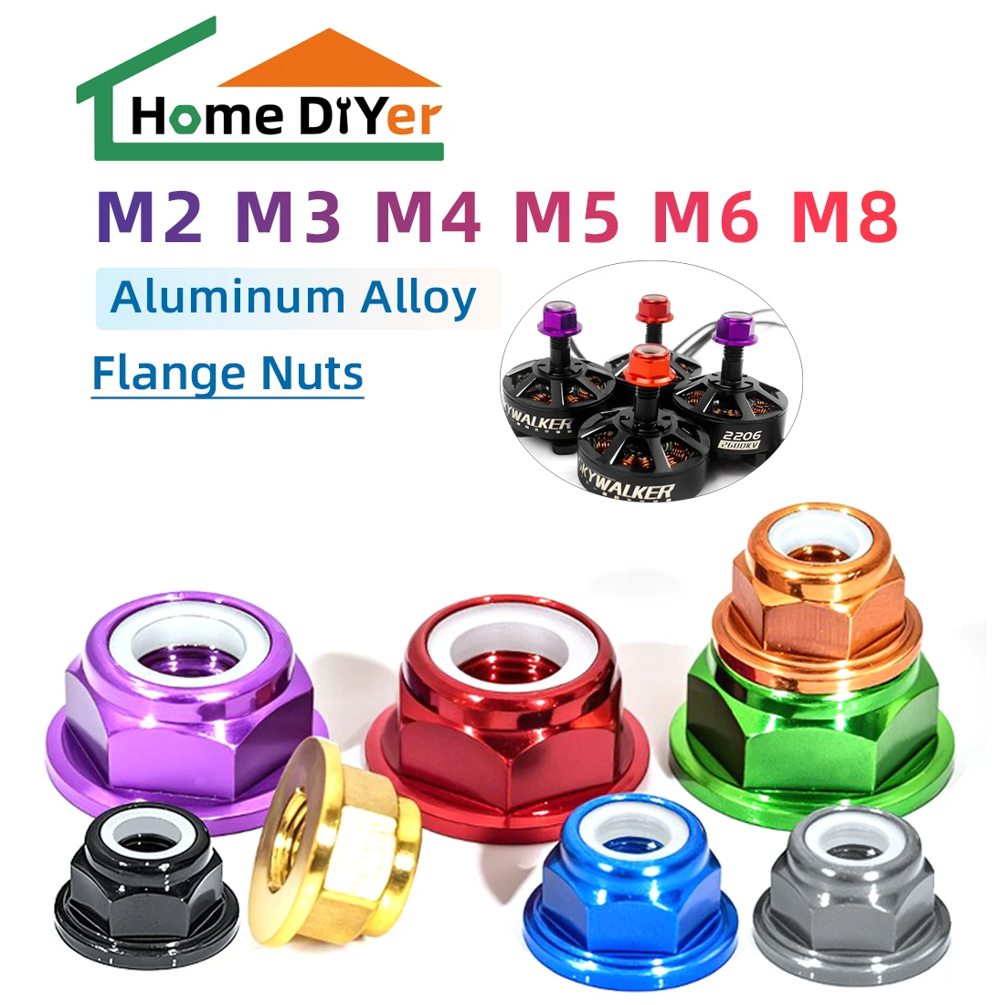 Flange Nylon Insert Self-Locking Lock Nuts Motor Screw Nuts Aluminum Alloy CW for RC FPV Racing Drone M2 M2.5 M3 M4 M5 M6 M8