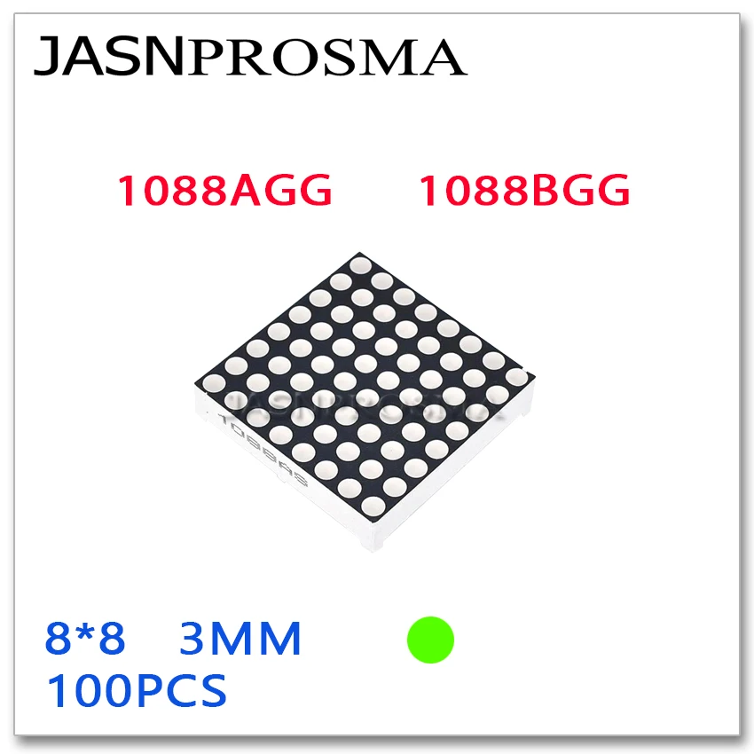 

JASNPROSMA 8X8 3MM Jade green LED 32mmX32mm 100PCS 1088AGG 1088BGG anode cathode Display Dot Matrix Digital Tube screen Common