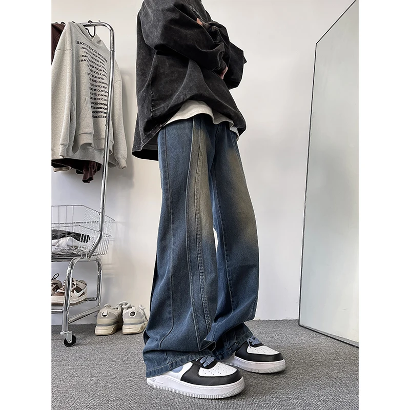 

Retro American Denim Jeans Men's Hong Kong Style Design Cleanfit Flared Pants Washed out Soldier Workwear Cotton Polyester Blend