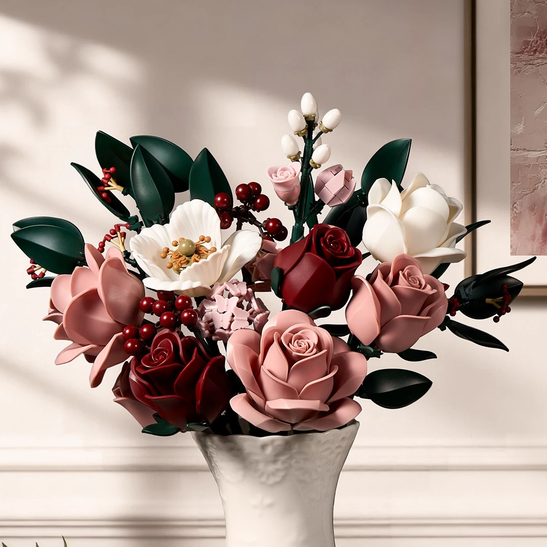 

Pink Roses Flowers Bouquet Building Blocks Botanical Collection Toys Modern Home Decor Valentines Day Gifts for Adult Girlfriend