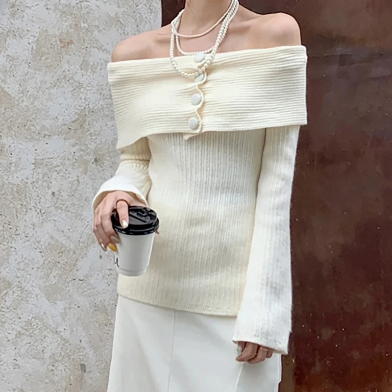 

HELIAR New Women Off-Shoulder Knit Sweater Buttons Side Slit Elegant Top Autumn Winter Fashion Clothing Matching