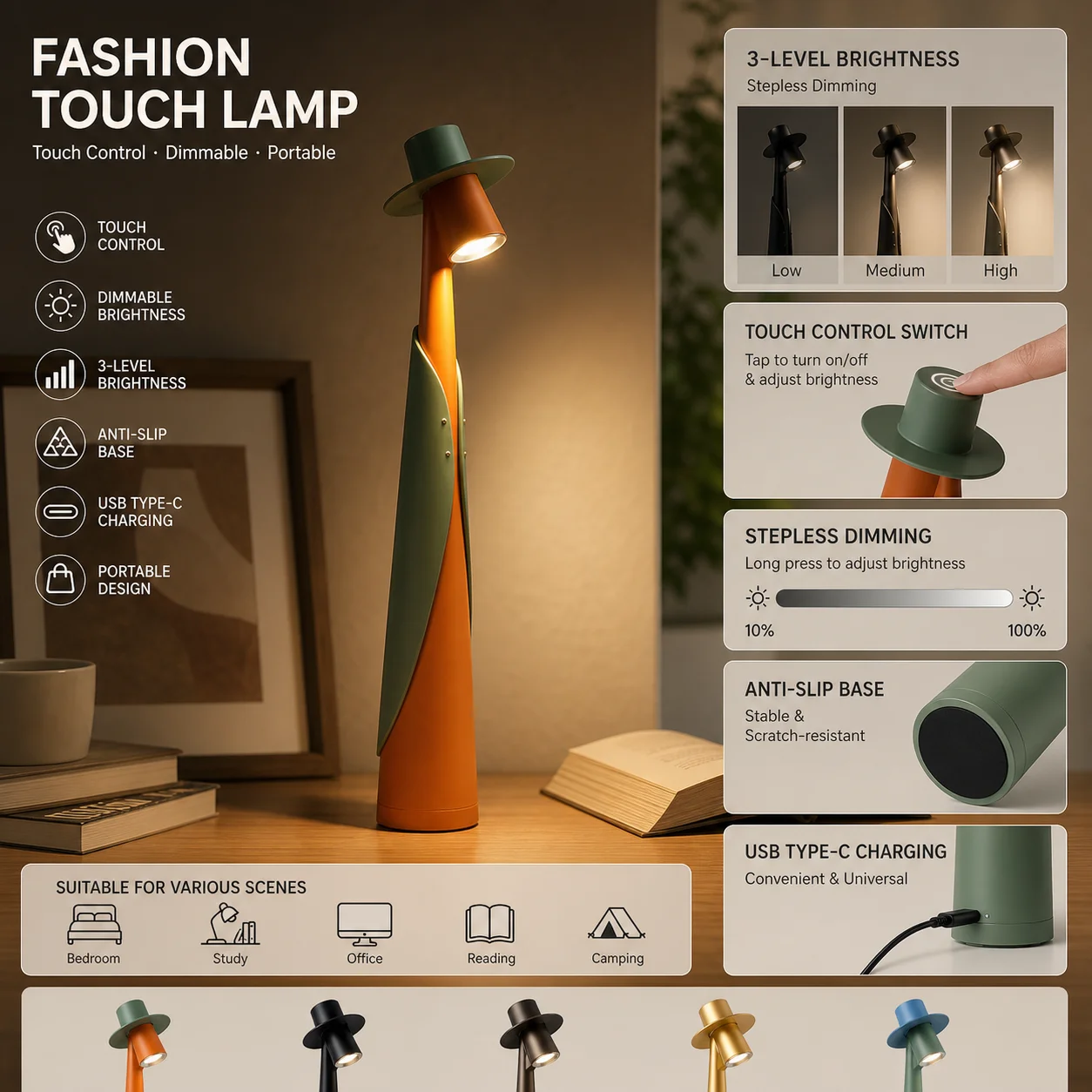 WWPPU Gentleman Hat Table Lamp Cloak Sculptural Desk Light Touch Control Stepless Dimming USB C Rechargeable Night Light