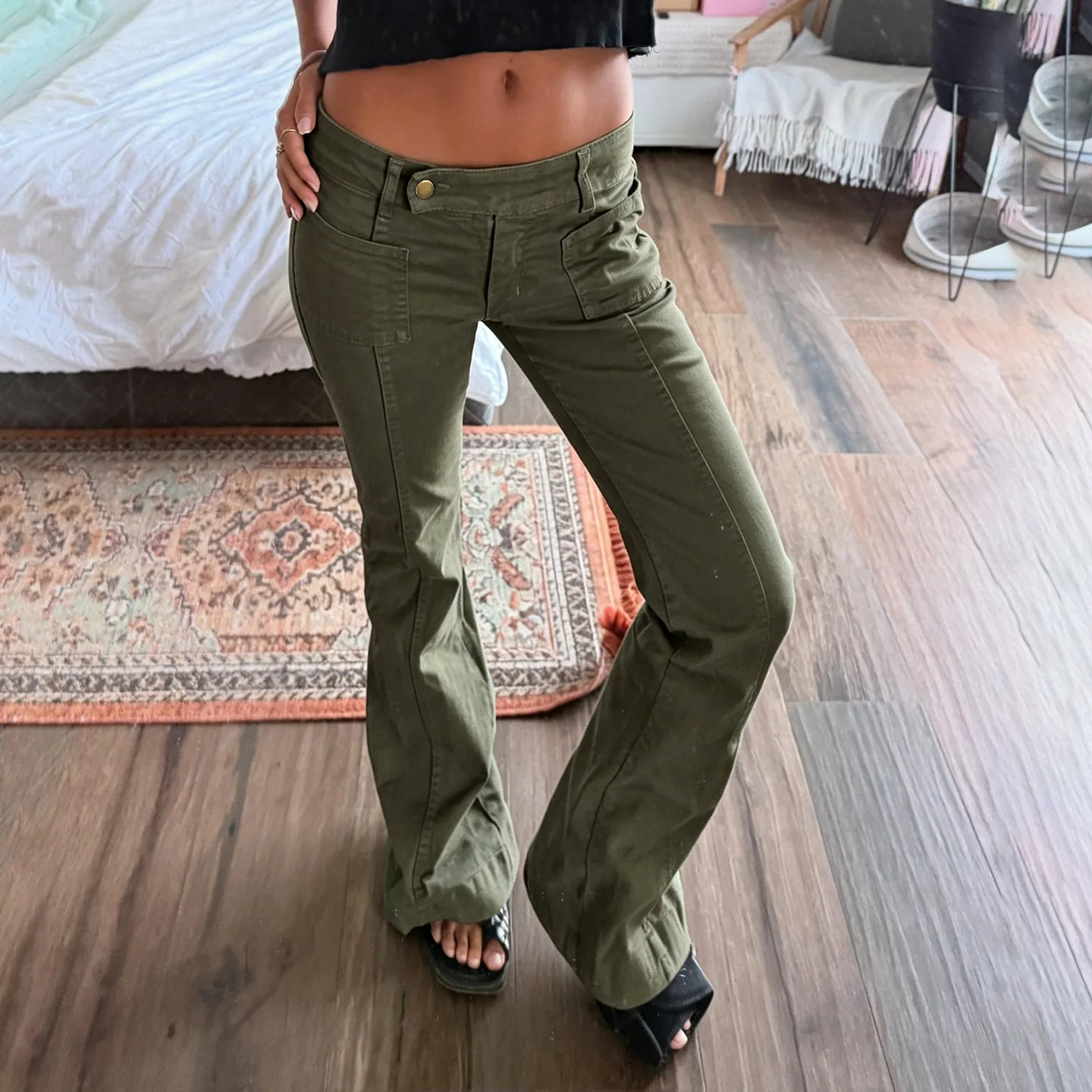 retro street style low waist metal buckle slim fit spicy girl personality design casual pants for women