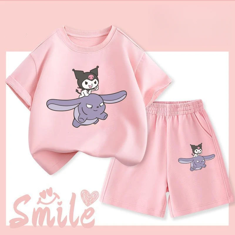 

Kawaii Sanrio Kuromi Collection New Solid Color Printed Summer Two-piece Shorts Short Sleeve Anime Figure Gift Kids Toys
