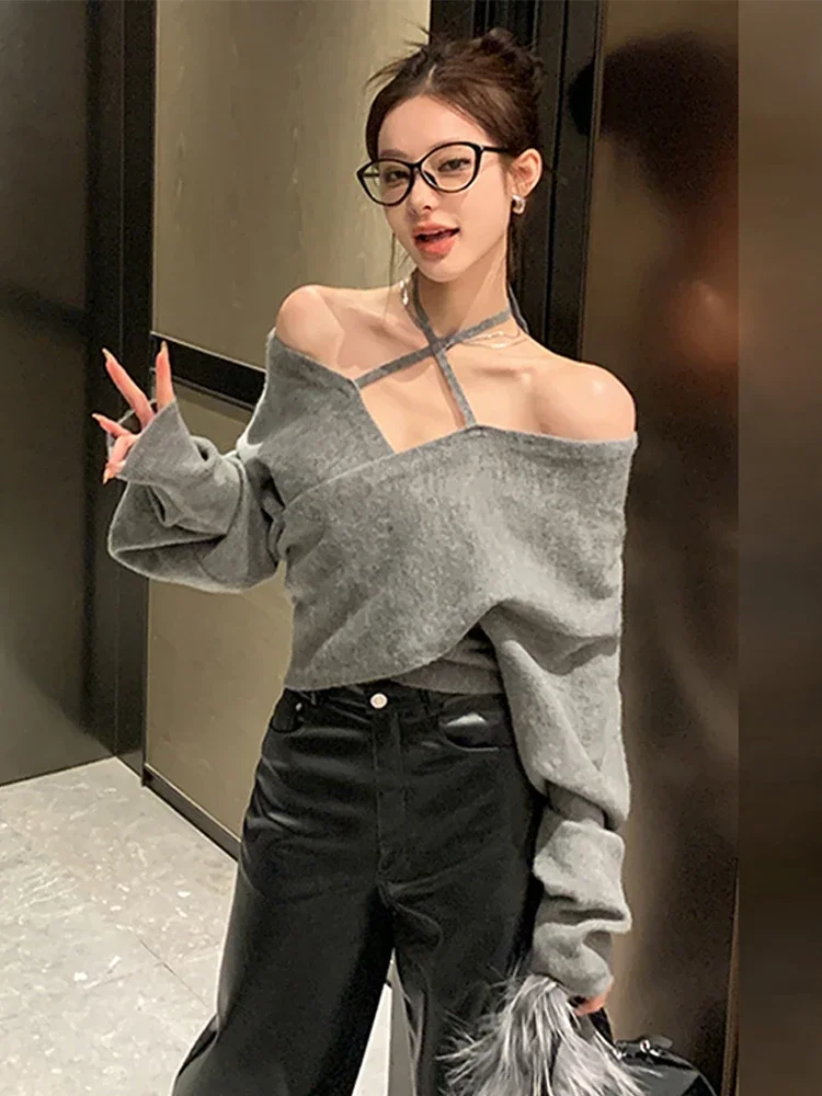 Women\'s Grey Slash Neck Pullover Knitted Sweater Vintage Harajuku Korean Fashion Y2k 90s Jumper Sweater Emo 2000s Clothes Autumn