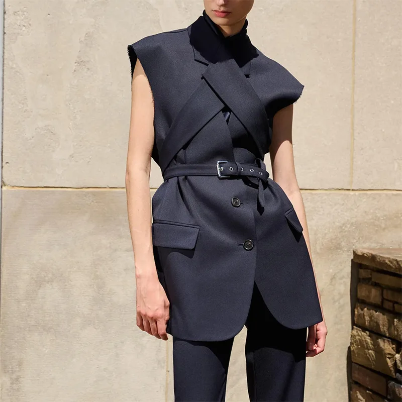 

Женский элегантный осенний пиджак без рукавов, универсальный отложной воротник с поясом, модная повседневная одежда в стиле OL