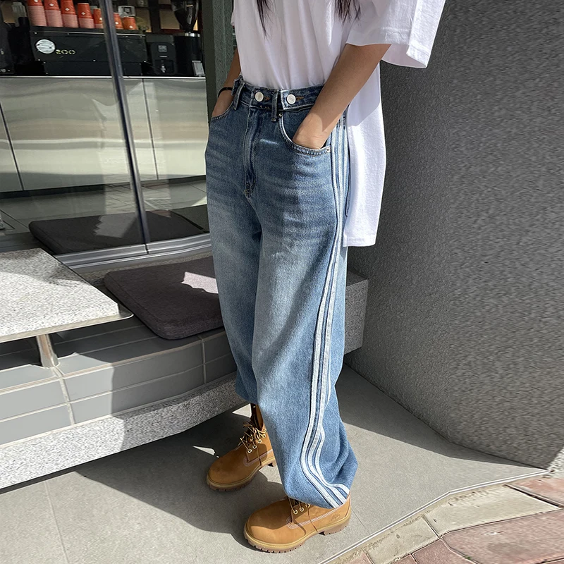 Celana Jeans Wanita High Waist Wide Leg Musim Semi Musim Panas Musim Gugur Gaya Kasual Desain Garis Warna Blo Celana Denim Berlipat