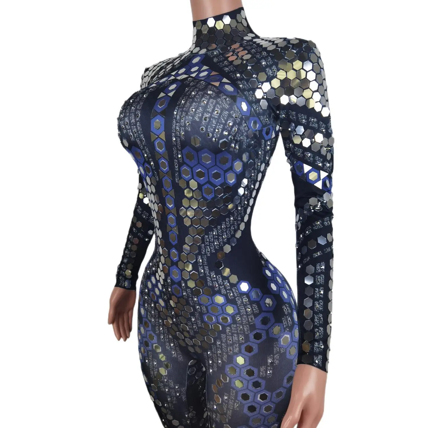 Fashion Long Sleeve Rhinestone Sequin Bodysuits Plus Size Spandex Dancer Leotard Bodycon Rompers Women Party One Piece Jumpsuits