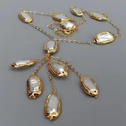 YYGEM  Gold color Plated Link Chain natural Freshwater Cultured White Biwa Pearl  Necklace 19