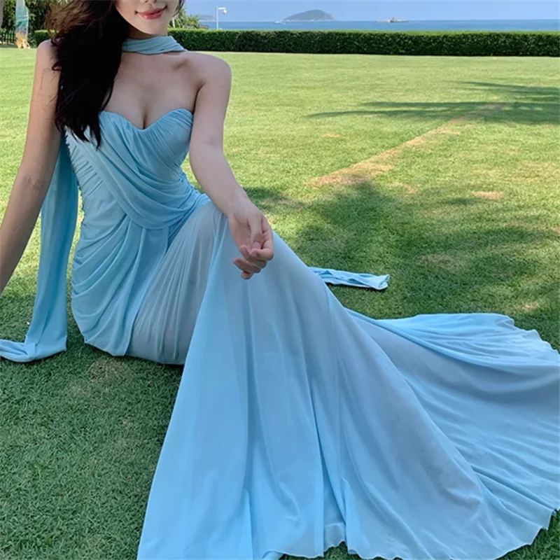 Abito lungo estivo senza spalline blu sirena splendido Spice Girl Slash Neck aderente abito da sera trasparente a coda di pesce da spiaggia in rete