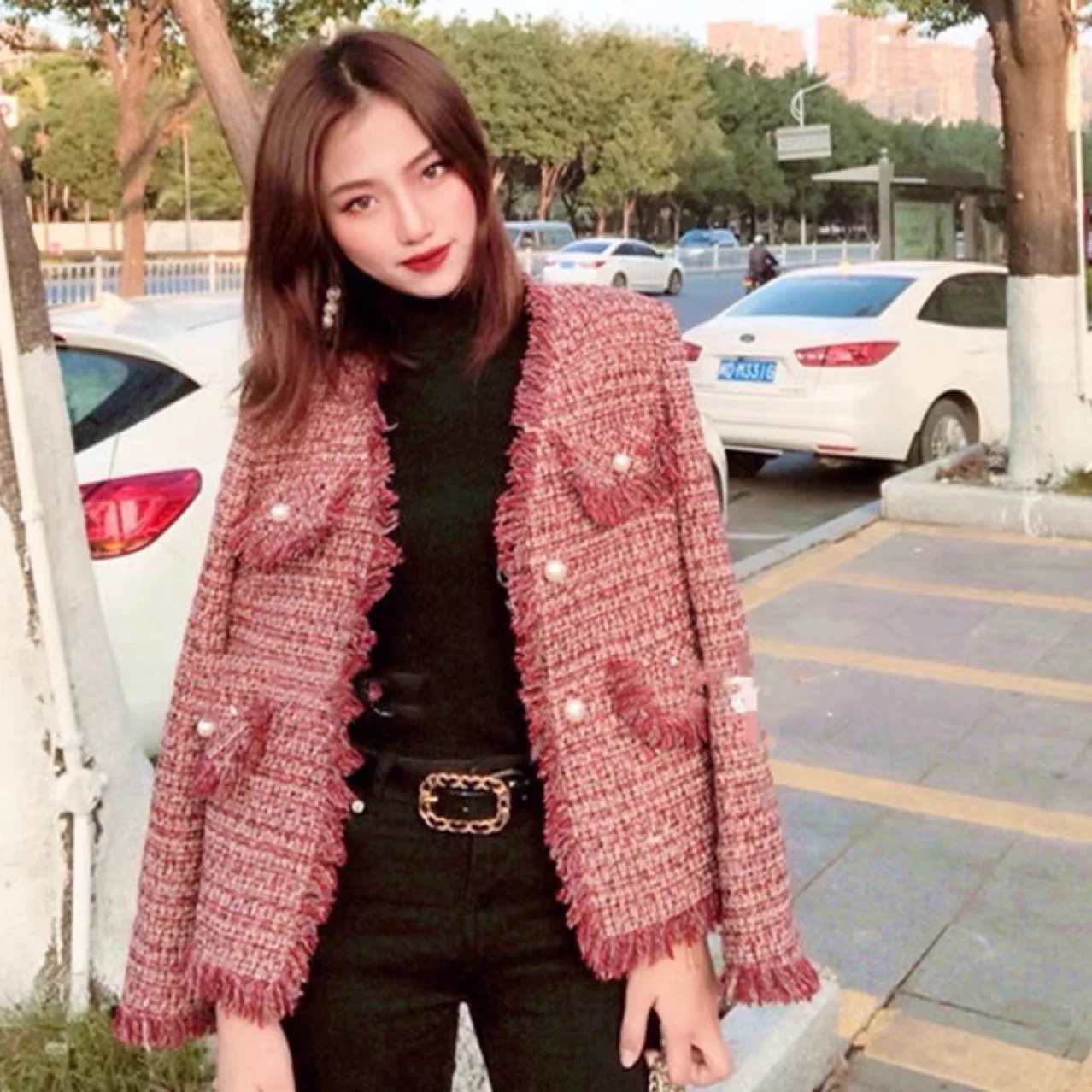 

French tweed short celebrity small fragrant red coat autumn and winter versatile 2021 new female retro Hong Kong style