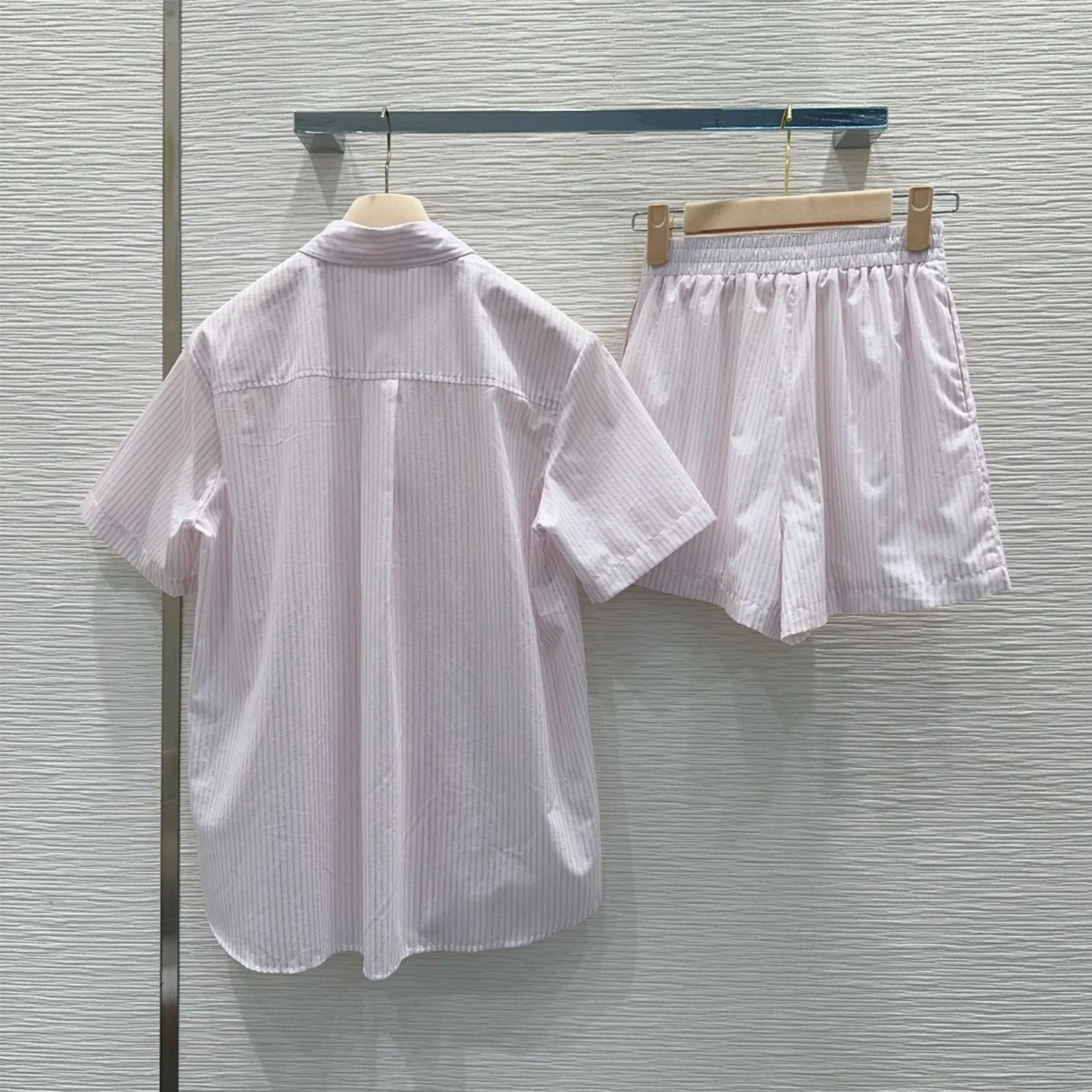 2026 High-Quality New Pink Striped Short Sleeve Shirt Set for Women Summer--hb720 view 2