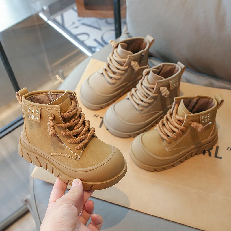 

Autumn Fashion Boys Girls Retro Casual Shoes British Style Boots Children's Side Zipper Platform Design Anti-skid Leather Boots