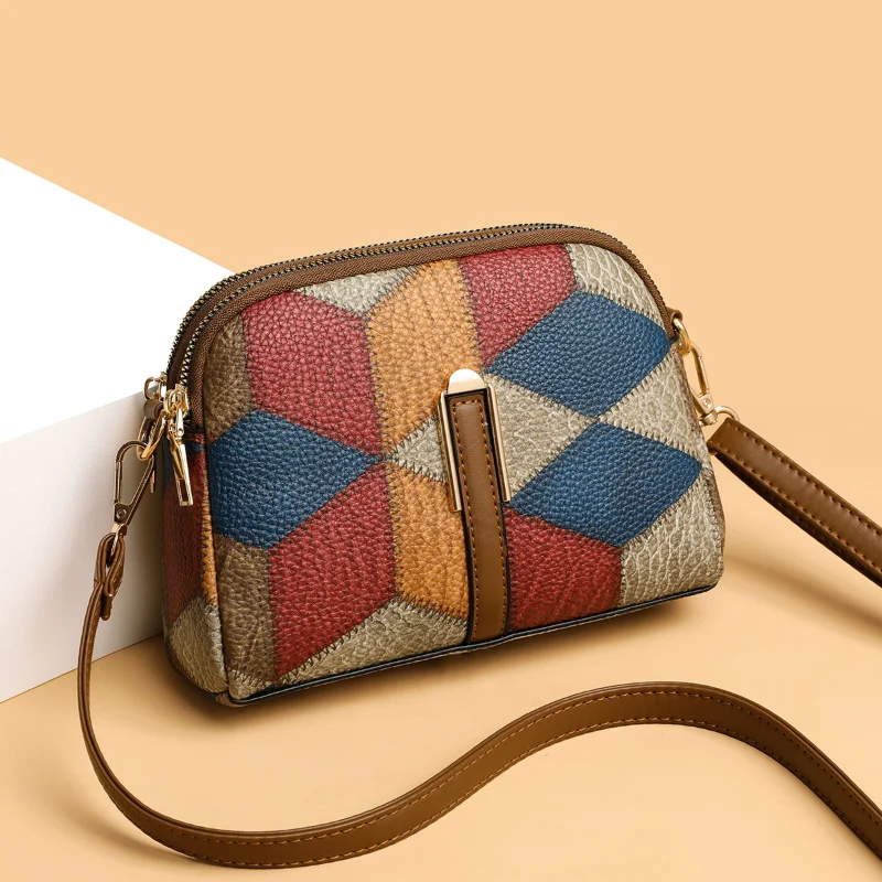 

New Color Patchwork Patchwork National Style Fashion Trend Double Zipper Simple Leisure Single Shoulder Crossbody Women's Bag