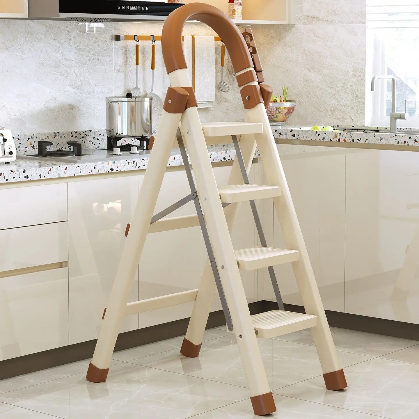 Folding 4 Step Ladder With Handrail Anti-Slip Wide Pedal Space Saving Household Step Stool For Kitchen Home Use Beige Brown