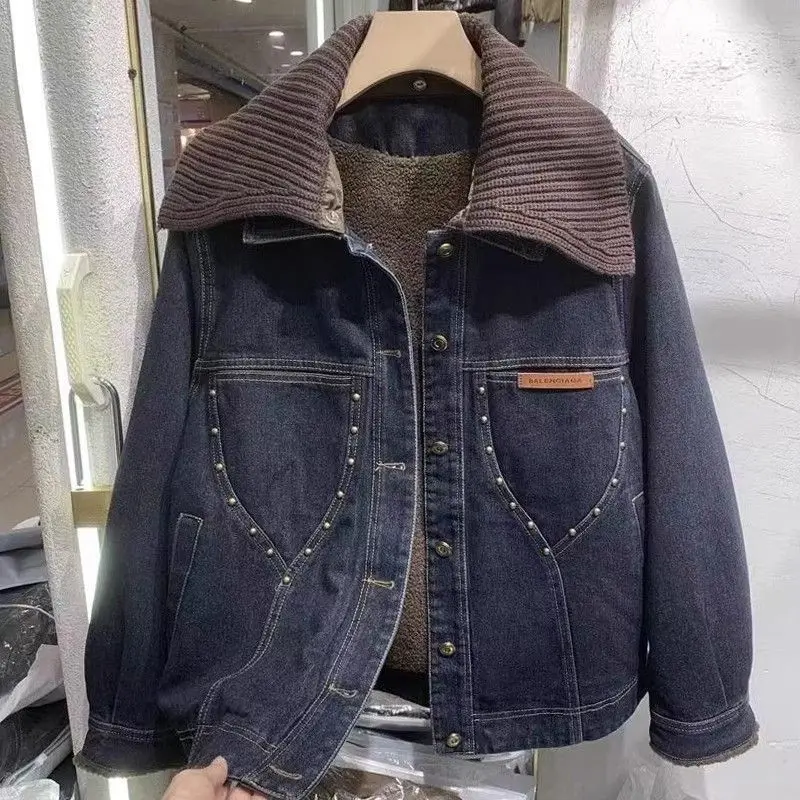 الأمريكية الرجعية الخريف الشتاء جديد صوف مبطن سميكة المرأة فضفاضة بسيطة عادية سميكة الأعلى العصرية #3