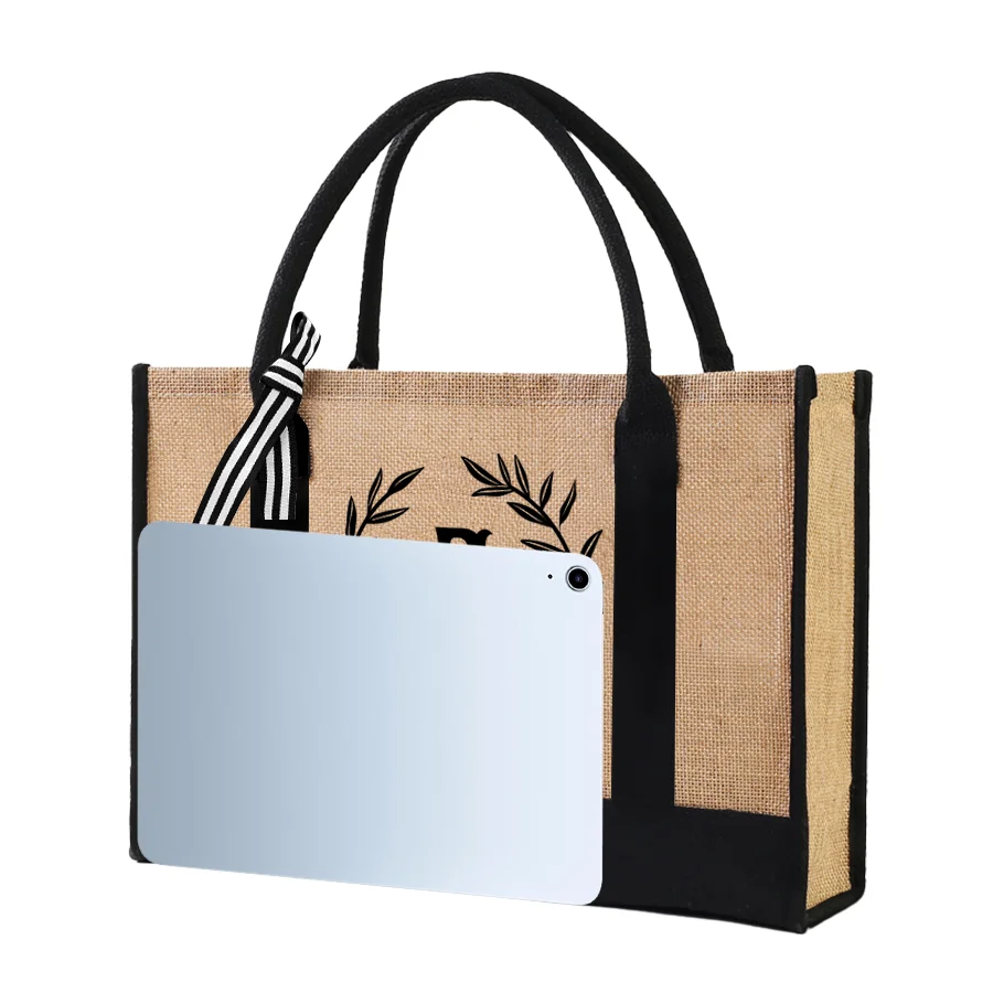 حقيبة تسوق بمقبض شريطي بسيط من الكتان، حقيبة تسوق هدايا ذات سعة كبيرة مع حروف مطبوعة، حقيبة التنقل اليومية