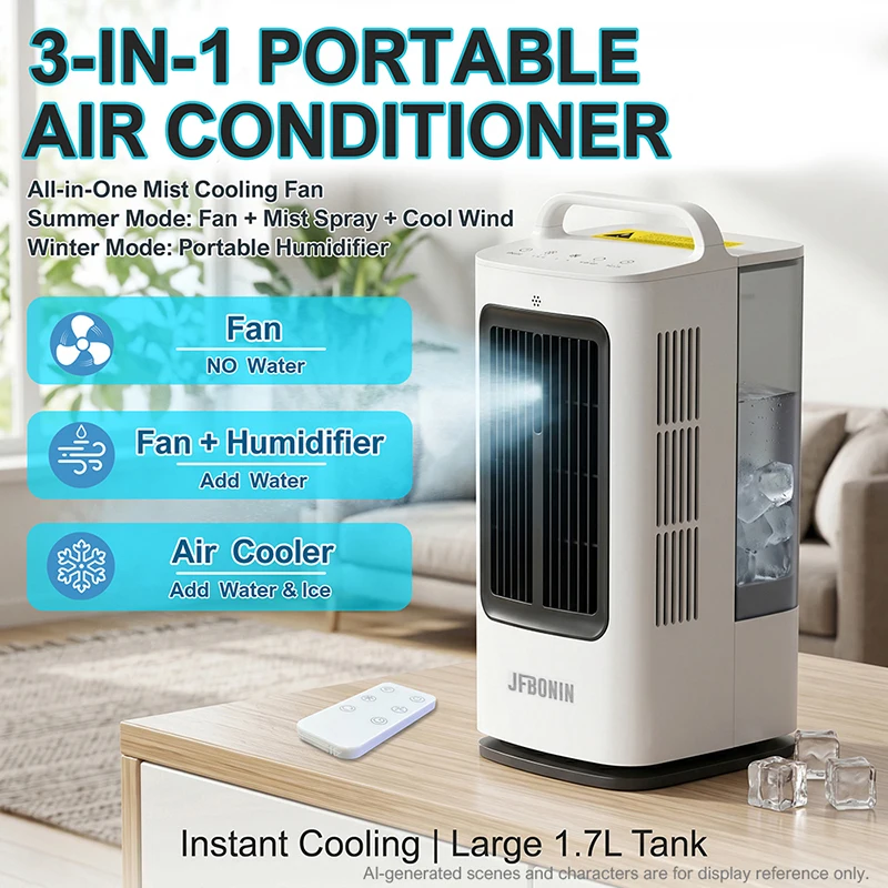 Portable Cooling Fan, Intelligent Remote & Touch Control, Timer, Strong Wind, Water & Ice Cooling, Multifunctional Air Cooler Fo