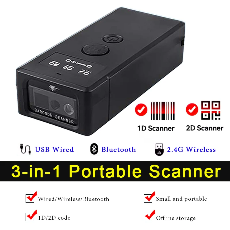 

1D/2D Code Ручной сканер штрих-кода Портативный Bluetooth беспроводной сканер супермаркета для складского экспресс-сканера хранения