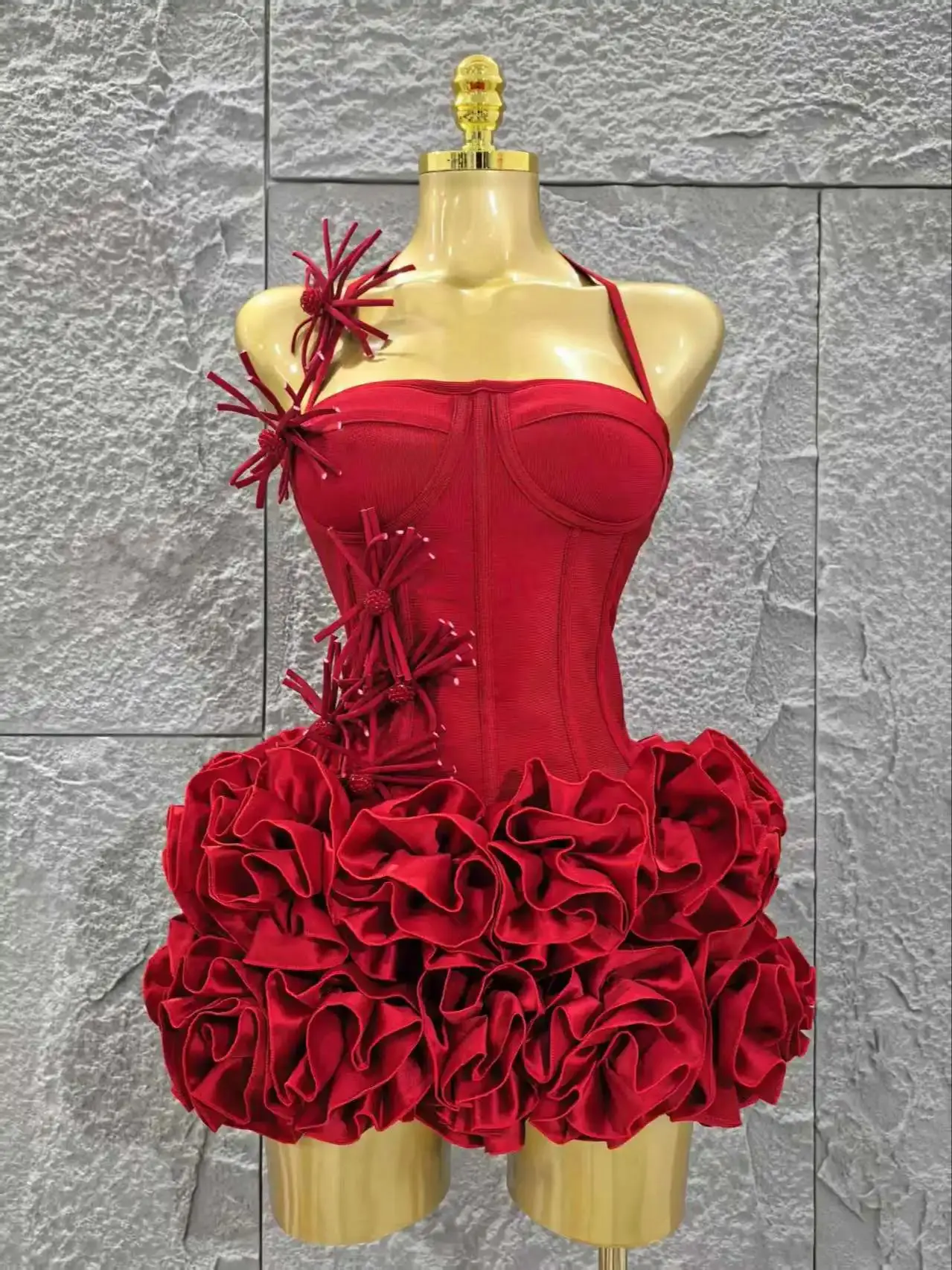 Elegante Skinny Luxe Verjaardagsfeestje Rood Zwart Bandage Outfit Vrouwen Sexy Halter Prom Gown Celebrity Club Tweedelige Set Cocktail - afbeelding 2