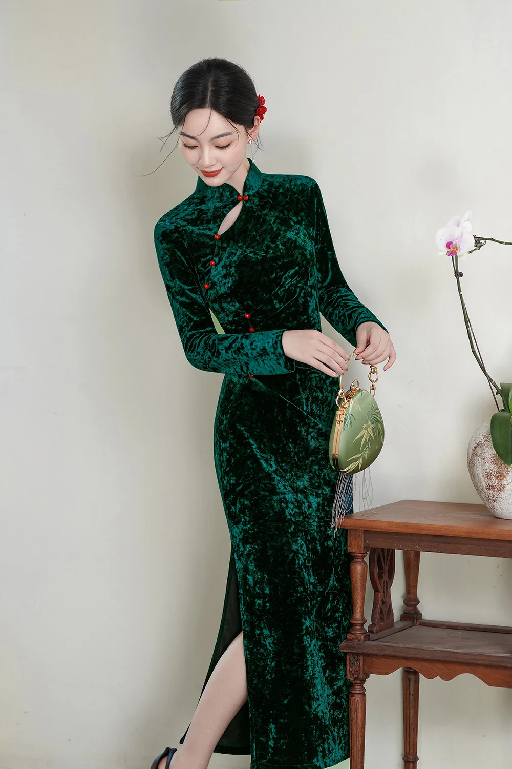 2025 herbst Winter Neue Cheongam Frauen Elegante Qipao Blume Drucken Chinesischen Stil Kleid Langarm Bankett Vestidos Hanfu Kleid