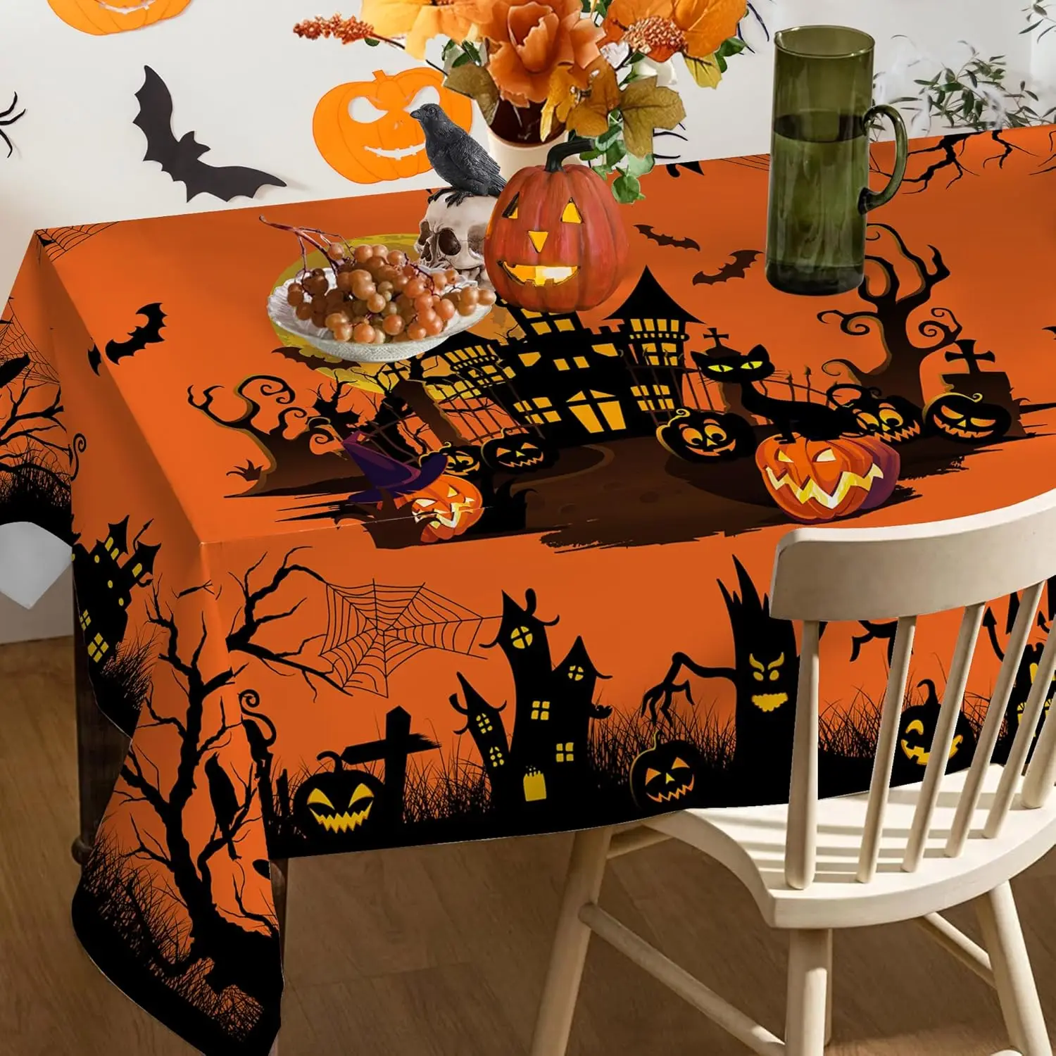 Halloween Orange Spider Web Rectangle Tablecloth Dining Room Decor Waterproof Tablecloth for Table Halloween Party Decorations