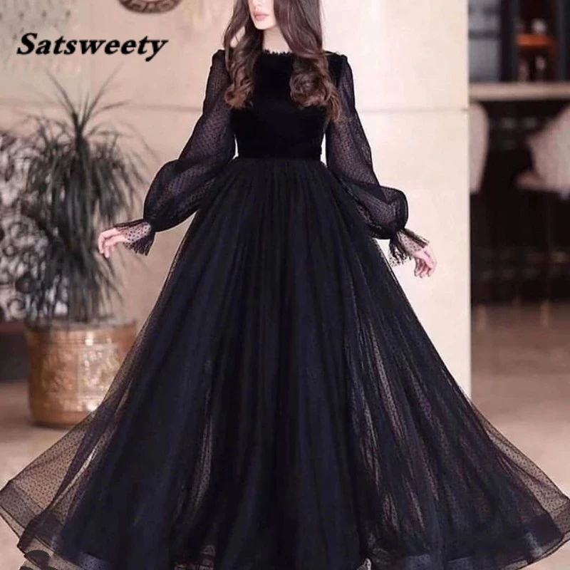 New A-Line Long Sleeve Evening Dress Black Dubai Arabia Muslim Lace Prom Gown robe de soirée femme платье на выпускной