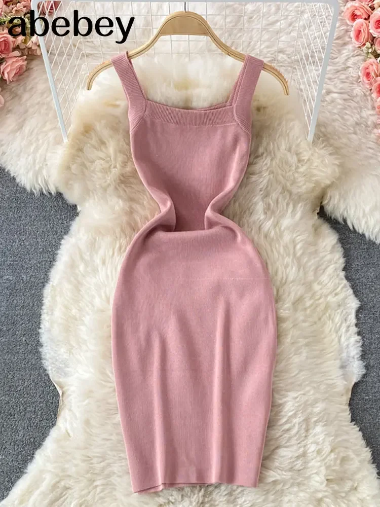 Robe longue mi-longue en tricot pour femmes, Sexy, bretelles, débardeur, taille élastique, moulante, plage, couleur unie, dos nu, été, 2026