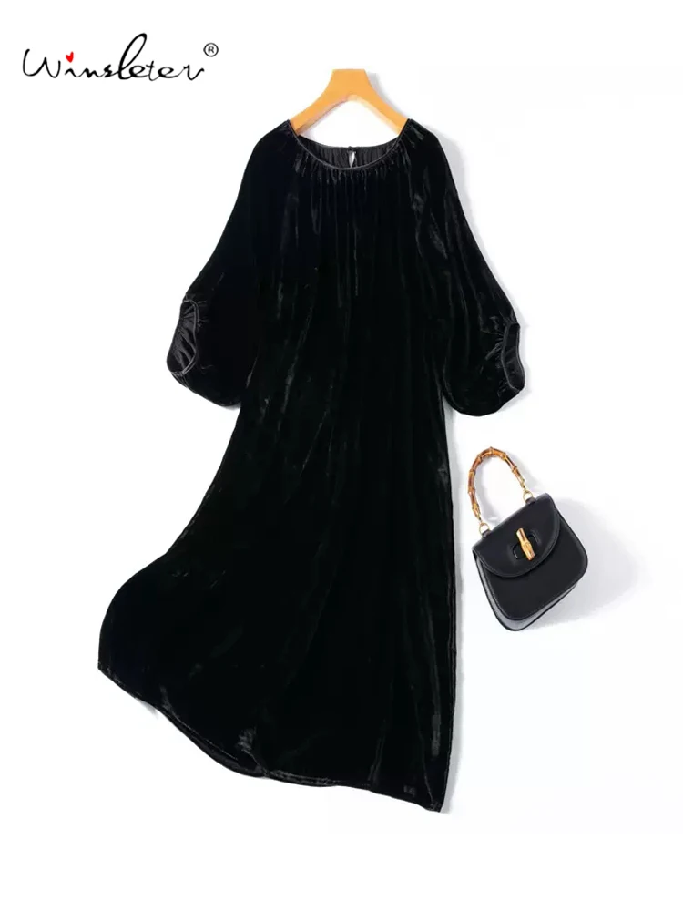 

Winsleter, 100%Real Silk Elegant Velvet Dress, Women Lantern Sleeve O Neck, Retro Loose Chic Dress, 2024 Summer Autumn D48534QC