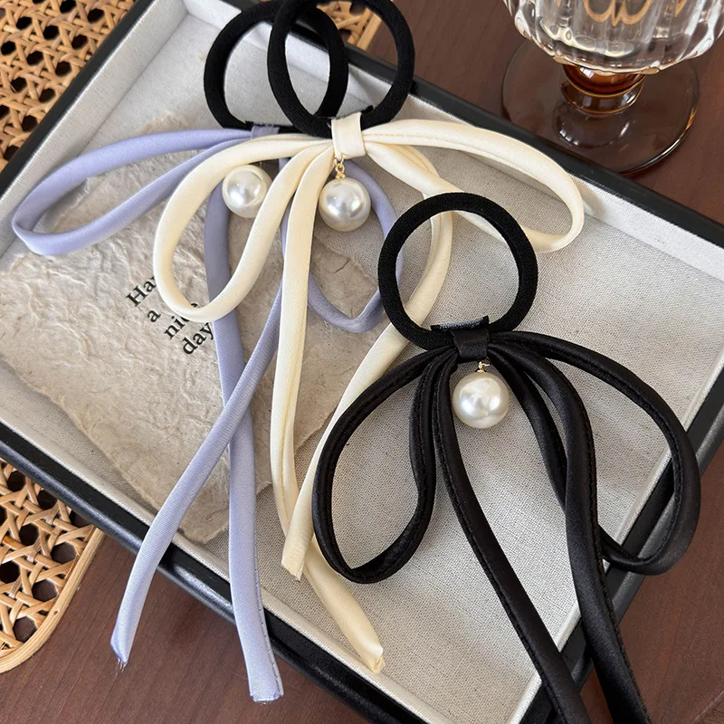 

Hair Tie Satin Long Ribbon Bow Faux Pearl Pendant Elegant French Style for Women Daily Premium Soft Durable Classic