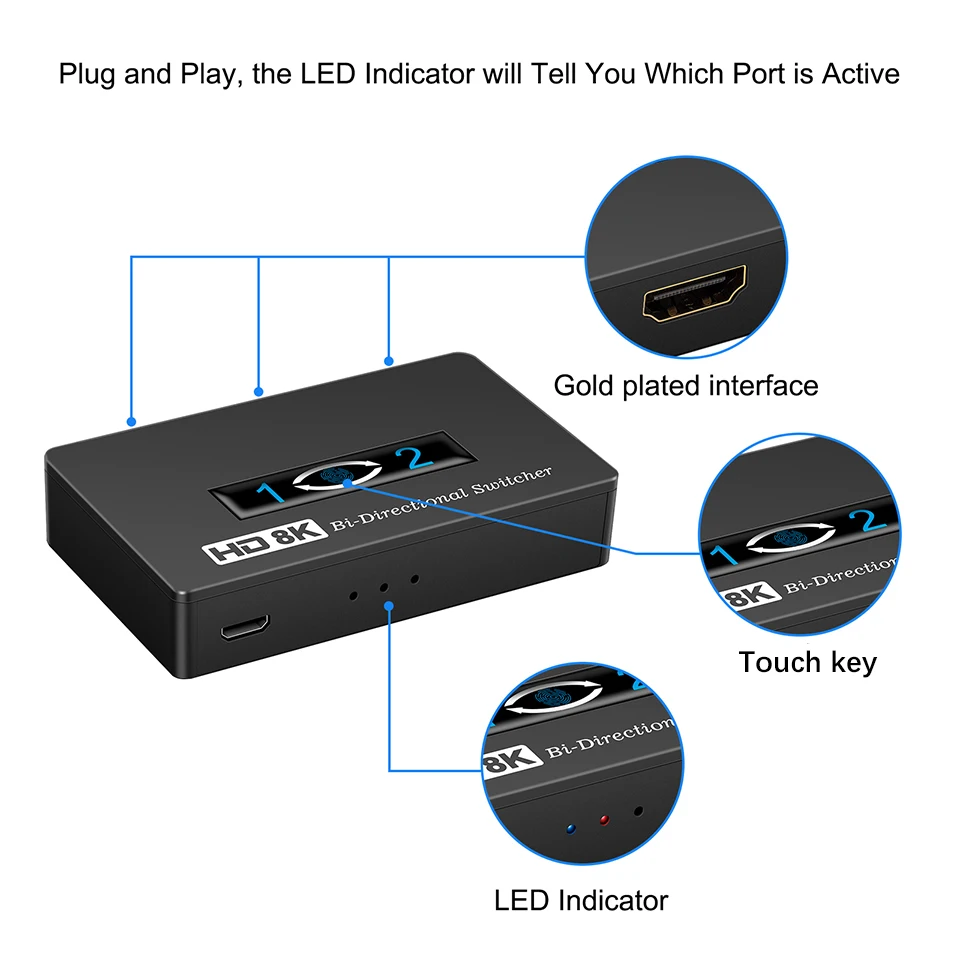 Commutateur HDMI bidirectionnel à 2 ports, répartiteur, prend en charge HD, 4K, 1080P, 3D, HDR, HDCP, PS4, Xbox, HDTV, 1x2, 2x1