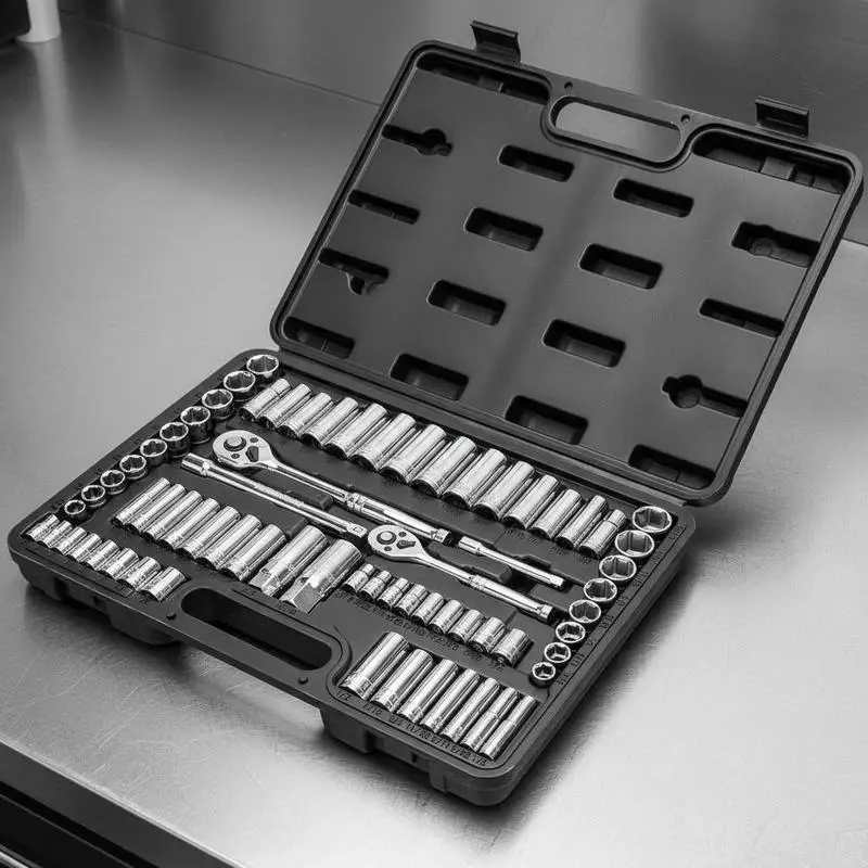 

69-piece socket wrench set, 9.5 & 6.4 mm drive sockets and ratchet set, SAE and metric, deep and standard, with accessories and storage case, CR-V alloy steel