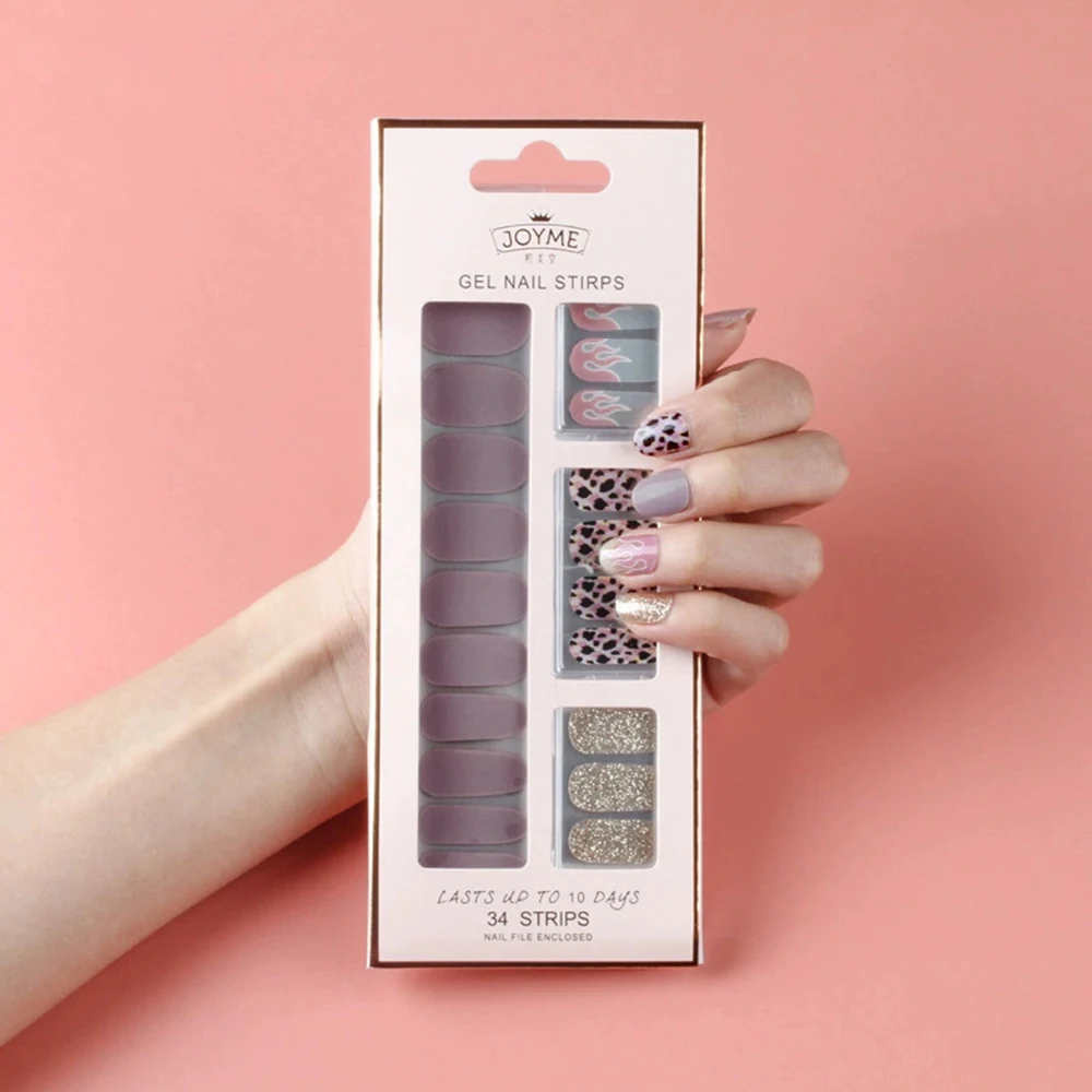 30/34Tips UV-Free Gel Nail Wraps Solid Color Glitter Nail Stickers No Need UV Lamp Cured Press ON Nail  DIY Self-Adhesive Decals