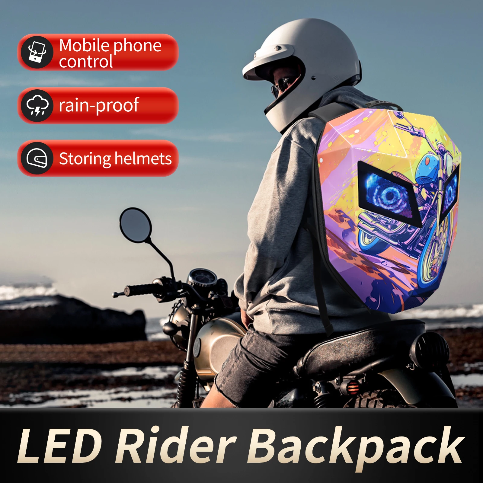 

Motorcycle Backpack Mobile App Bluetooth Control LED Luminous Eyes Pattern Rider Shell Helmet Riding Shoulder Storage Bag