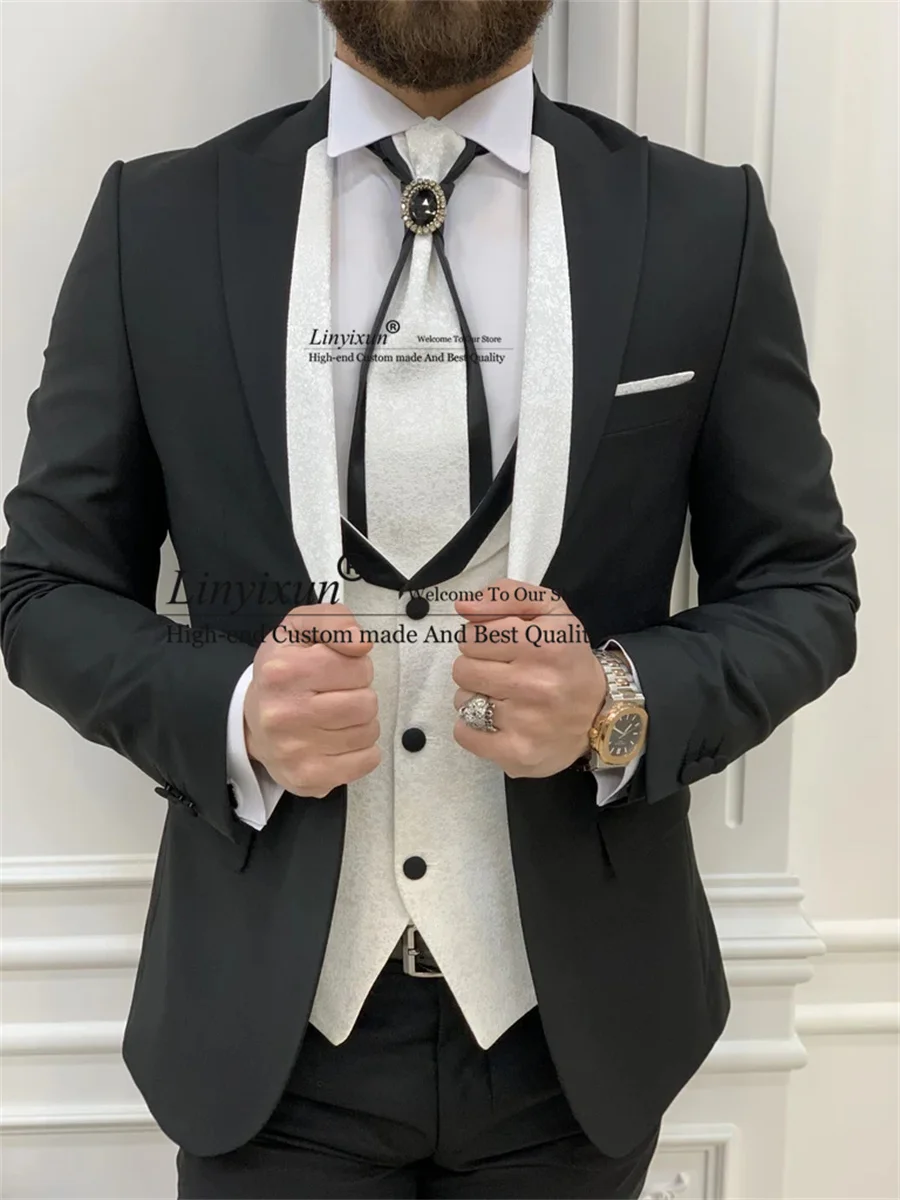 Design version Men's Wedding Suits Slim Groom Tuxedos 3 Pieces Set Bridegroom Prom Blazers With Jacquard Waistcoat mens clothing