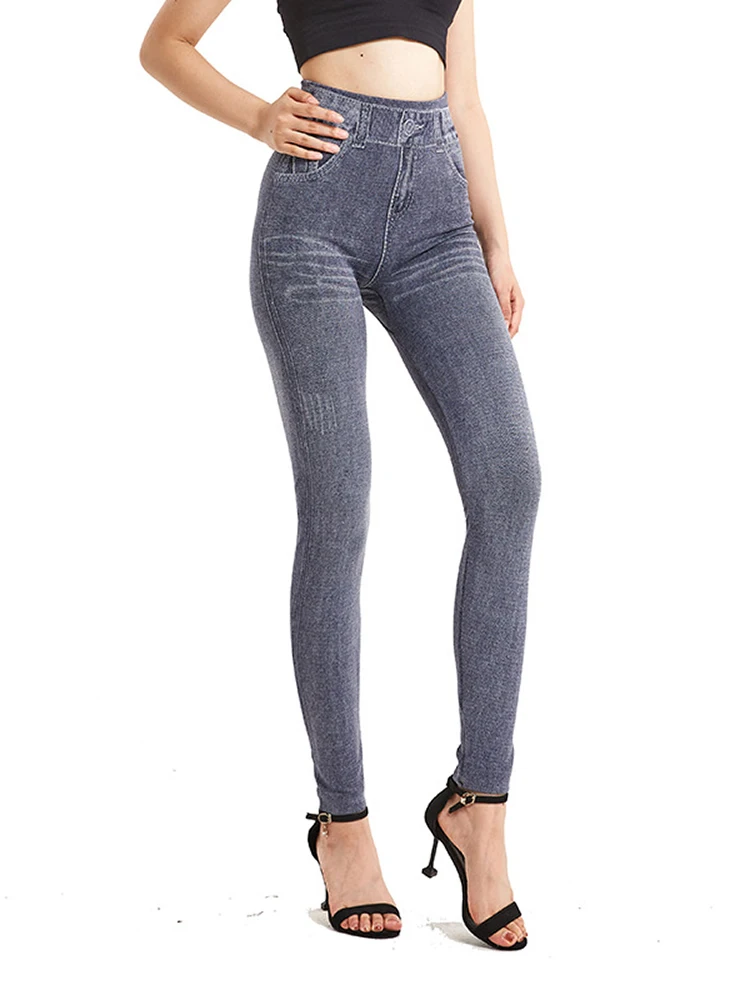 CUHAKCI Women Grey Fake Jeans Workout Yoga Leggings Seamless Soft Jeggings Women's Imitation High Elastic Denim Pencil Pants