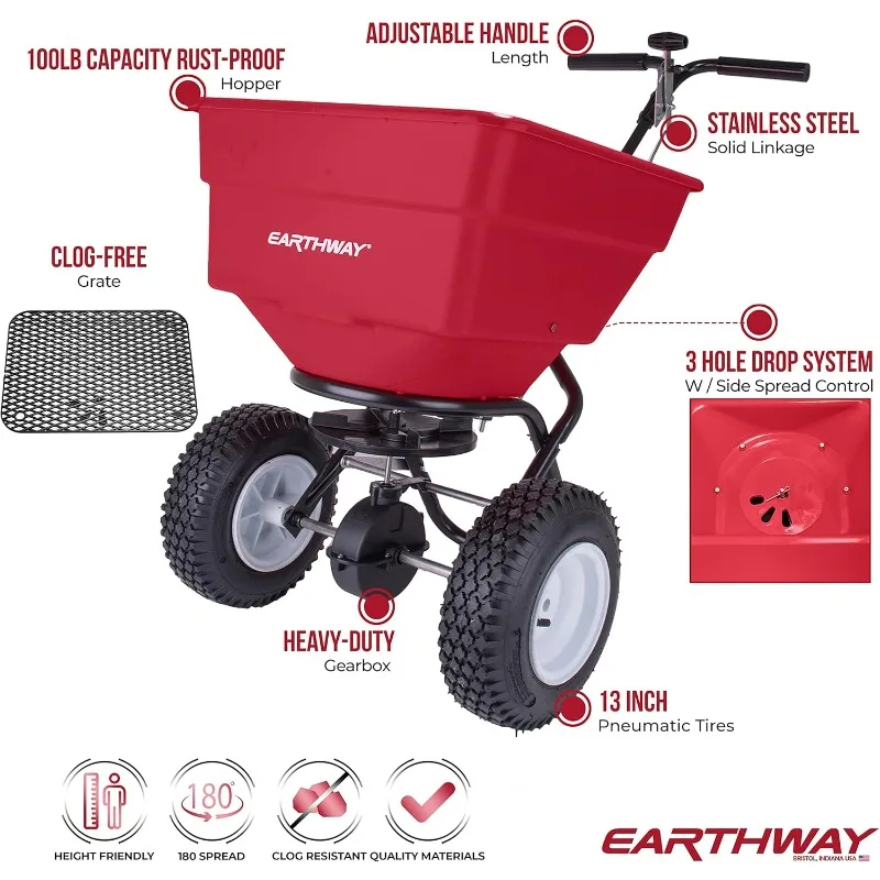 Commercial 100 LB Broadcast Fertilizer Spreader. Red, Heavy-Duty Walk-Behind Push Garden Seeder with Adjustable