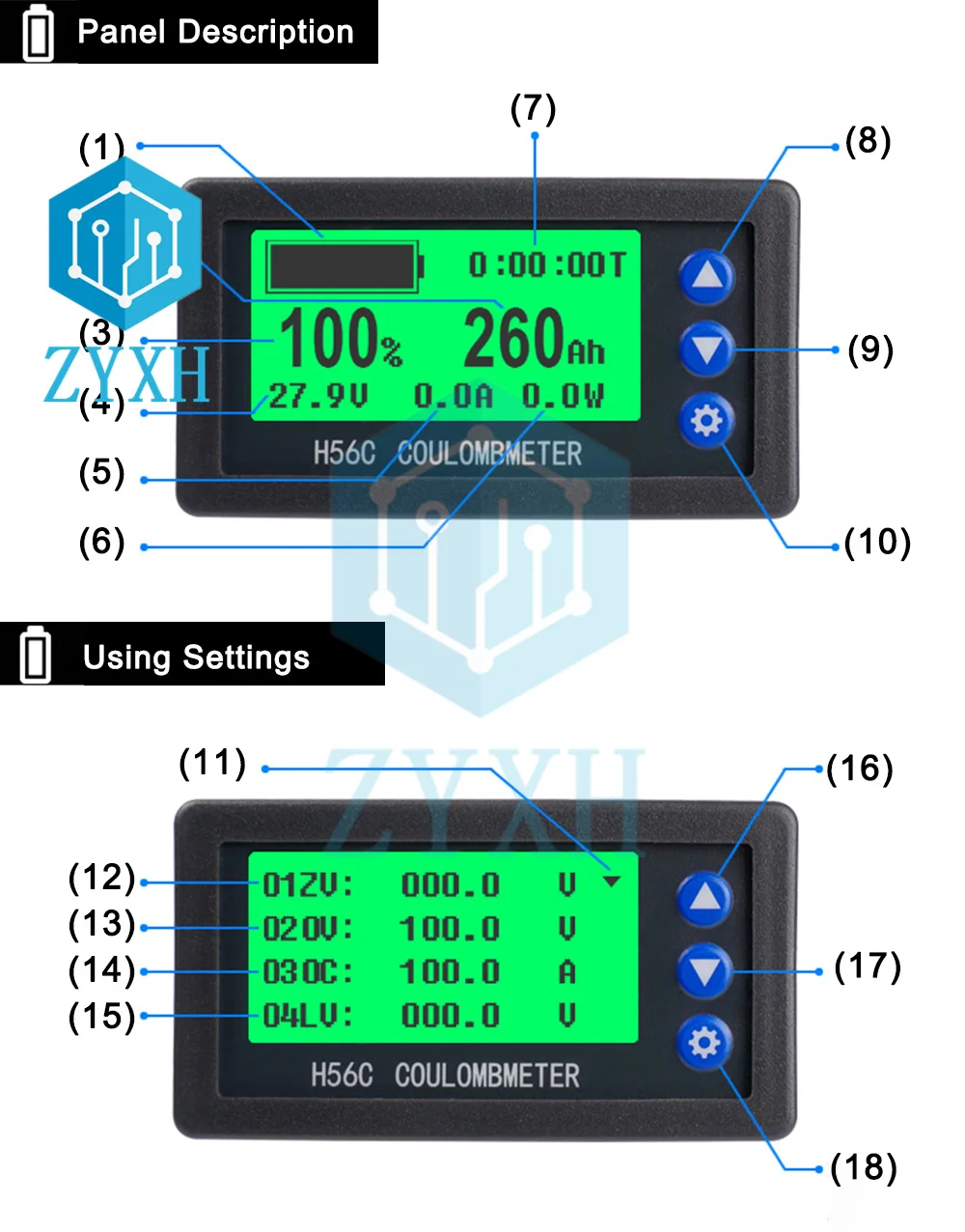 Battery Monitor LCD Hall Coulomb Meter 100V 50A 100A 200A 300A 400A 500A Lifepo4 Lead-acid Li-ion Lithium Capacity Power Display