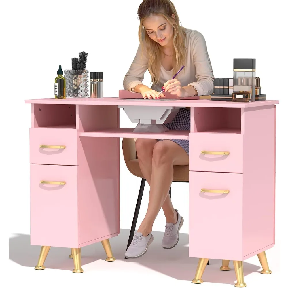 

Manicure Table Nail Desk for Nail Tech w/Glass Top & Wrist Rest, Versatile Manicure Station with Shelves, Storage Cabinets